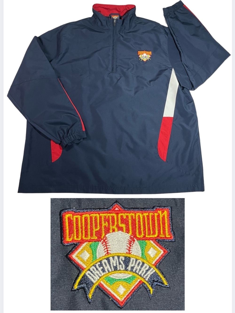 Cooperstown Dreams Park L Authentic Windbreaker Jacket Navy Red Baseball 1/4 Zip